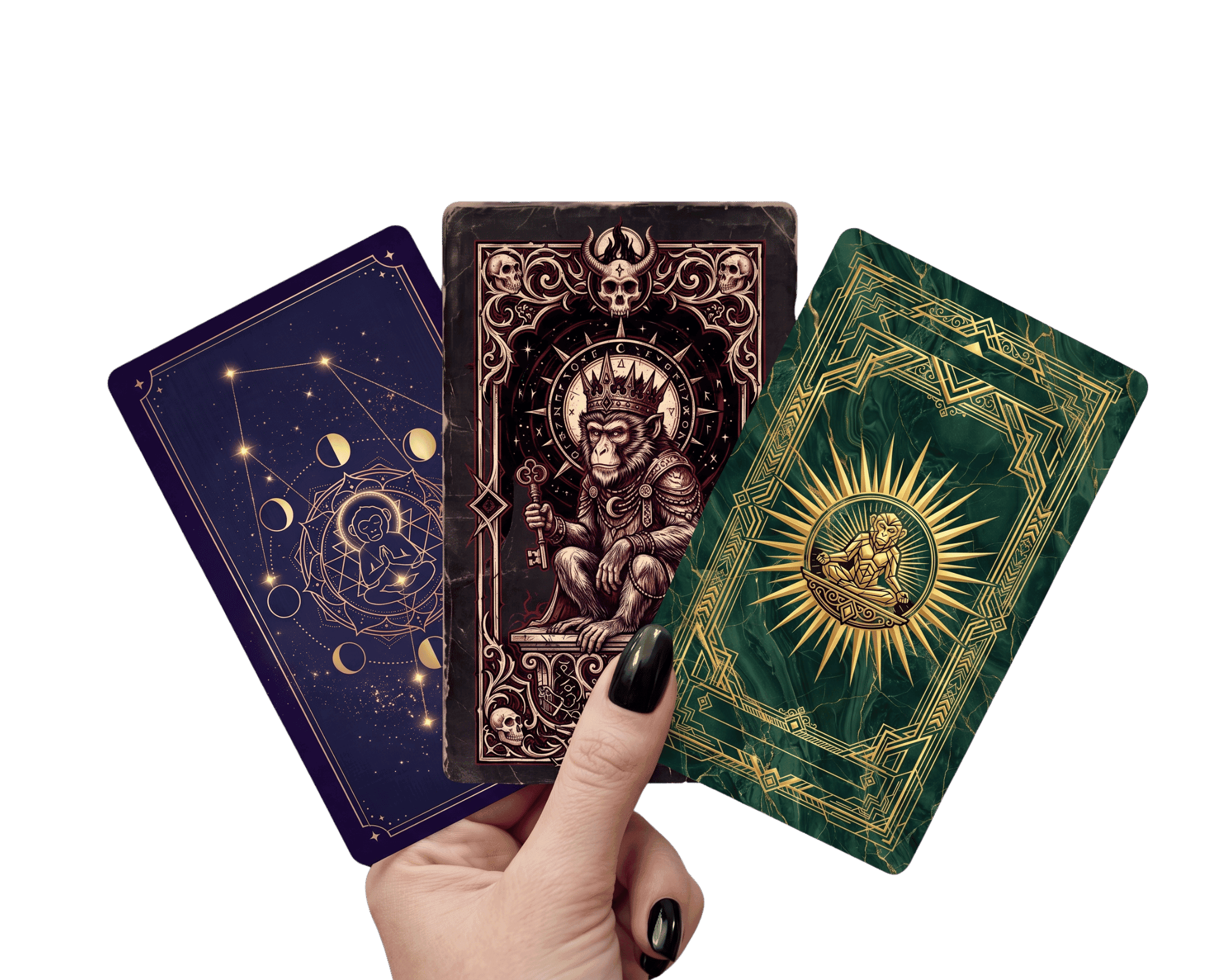 A hand fanning the Cosmic Clarity, Magick Monkey Truths and Magnetic Abundance card backs