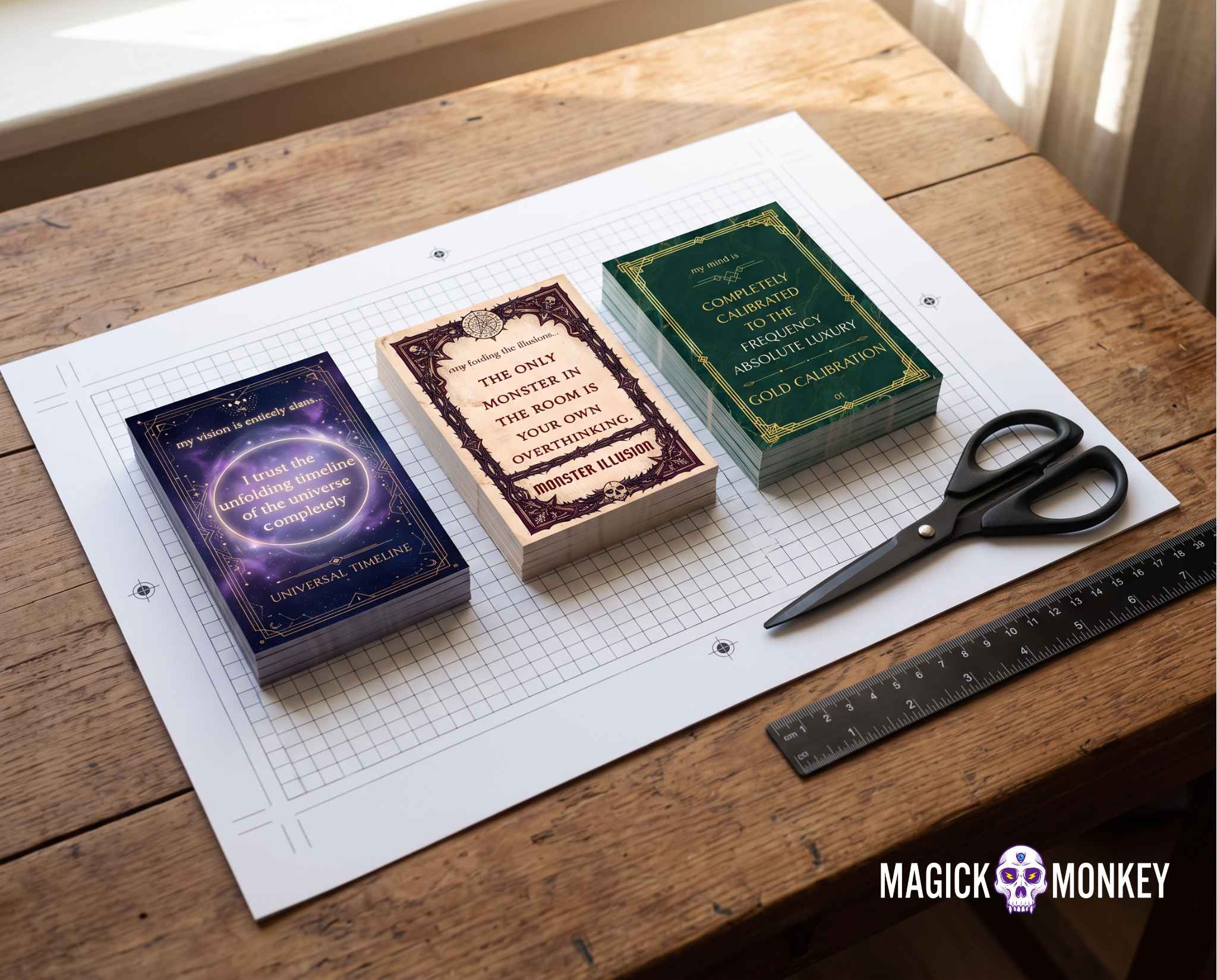 Three printed and cut card stacks on a cutting mat with scissors and a ruler